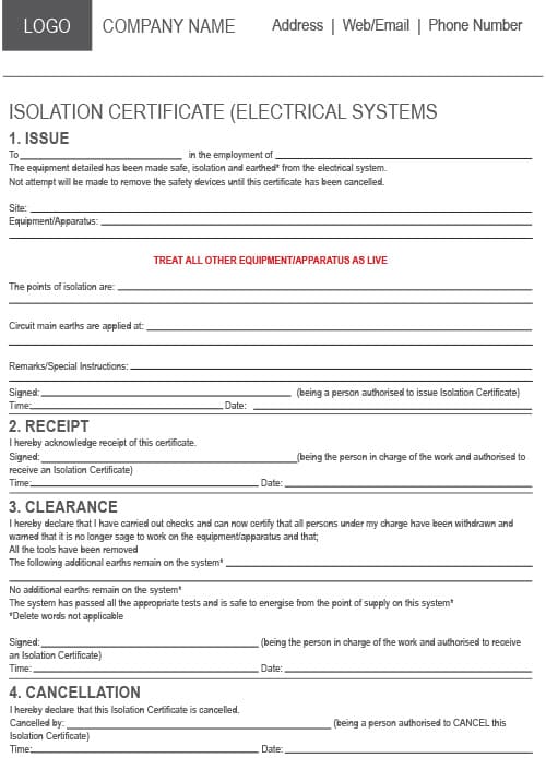 A4 NCR Electrical Isolation Certificate 1